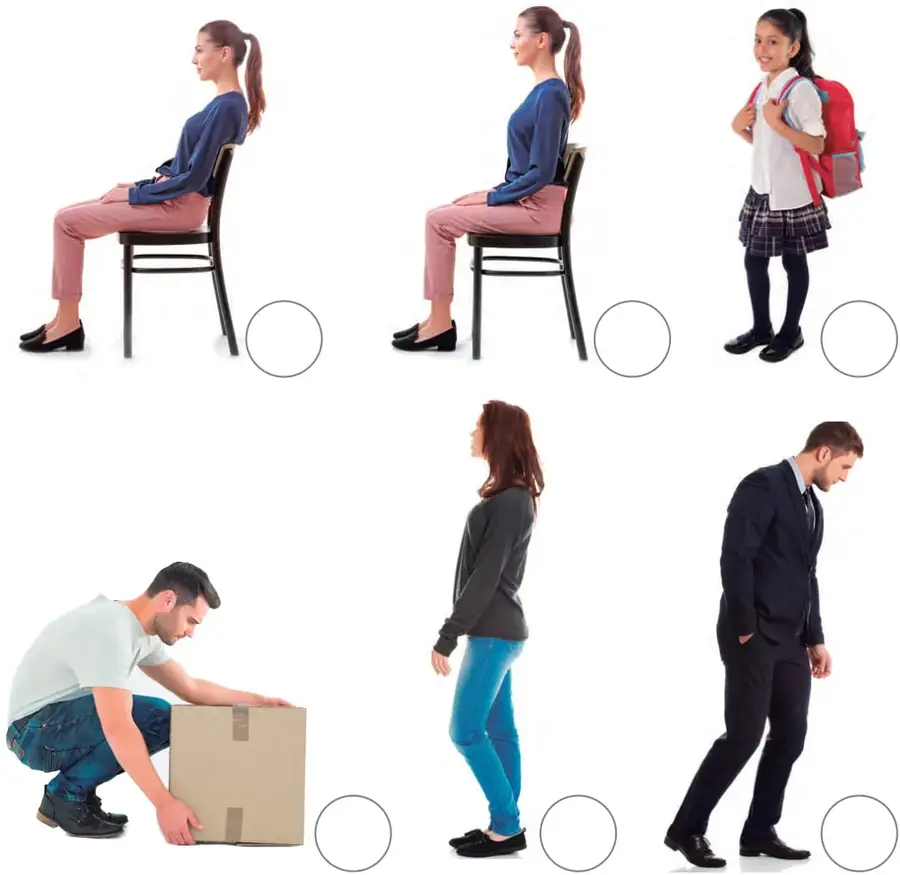 Mujer joven sentada en una silla inclinada hacia adelante, con la espalda curva; círculo vacío debajo para marcar.