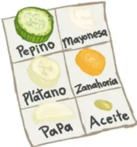 Hoja dividida en seis casillas rotuladas: Pepino, Mayonesa, Plátano, Zanahoria, Papa y Aceite, con una porción de cada alimento.