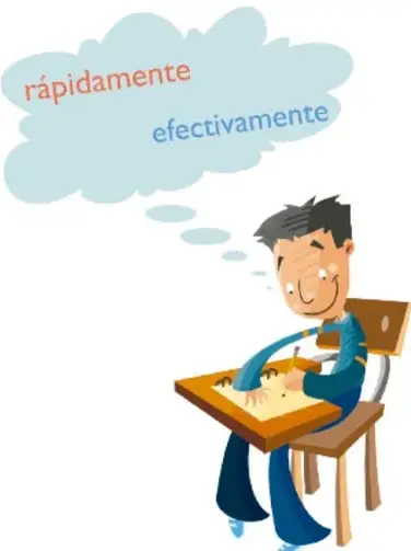 Niño sentado en un pupitre escribiendo, con una nube de pensamiento que dice 'rápidamente' y 'efectivamente'.