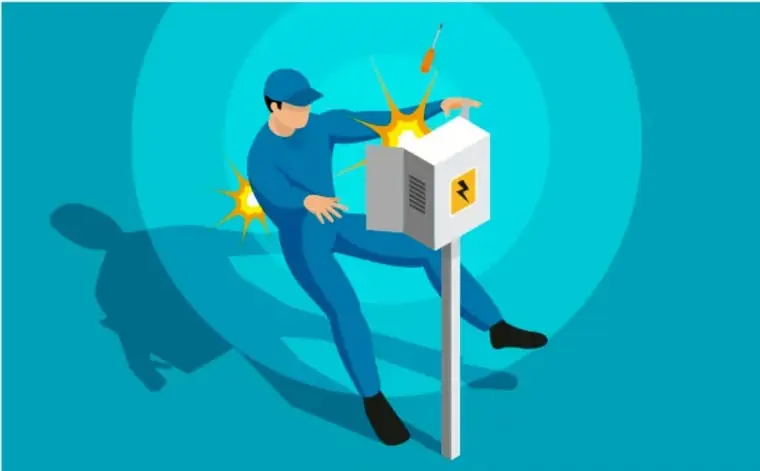 Ilustración de un trabajador con overol azul y casco que recibe una descarga eléctrica al tocar un tablero o caja eléctrica; se observan chispas amarillas y una silueta de sombra.