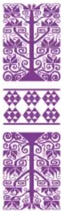 Dos grecas decorativas de color morado: la primera etiquetada 'Matemáticas' con motivos geométricos y la segunda etiquetada 'Química' con espirales.