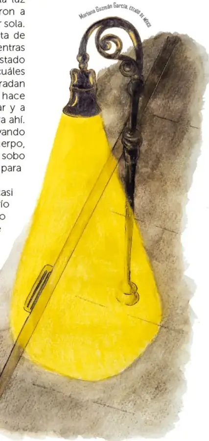Ilustración de una lámpara de aceite amarilla con soporte metálico decorado, pintada sobre fondo de acuarela. Incluye el texto curvo 'Mariana Guzmán García, Estudio de México'.