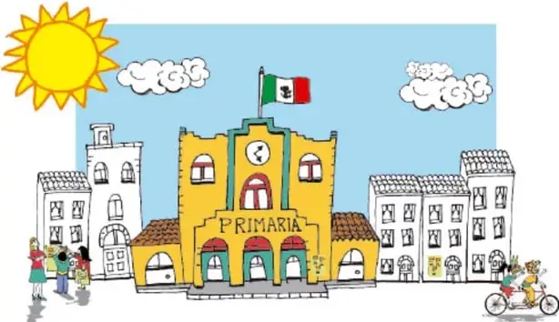 Ilustración de una calle soleada con casas, una escuela primaria amarilla con la bandera de México, niños conversando y niñas en bicicleta (Rutila Vega Rubio, Tlaxcala).
