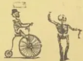 Dos viñetas: una con dos figuras caminando y otra con un esqueleto en bicicleta y otro de pie.