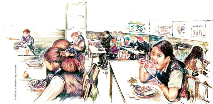 Ilustración de un aula con niñas y niños sentados en mesas, conversando y revisando sus cuadernos durante la actividad escolar.