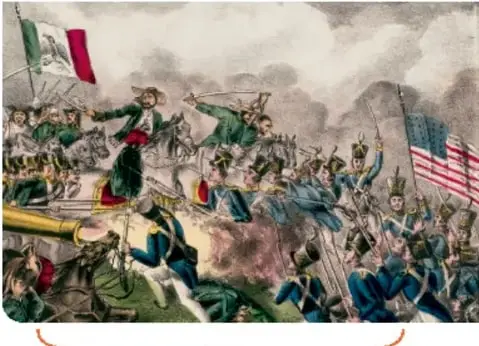 Pintura de la intervención estadounidense (1846-1848) con soldados en combate y banderas de México y Estados Unidos.