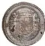 Fotografía del anverso de la moneda Carlos y Juana, Primer Tipo Sin Agua, 1/2 Real de México, plata, 18 mm de diámetro.