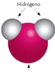 Modelo molecular del agua: una esfera roja central (oxígeno) unida a dos esferas grises (hidrógeno), con flechas que indican los átomos.