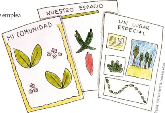 Tres cuadernillos o folletos decorados con dibujos de plantas, semillas y paisajes; sus títulos son 'MI COMUNIDAD', 'NUESTRO ESPACIO' y 'UN LUGAR ESPECIAL'.