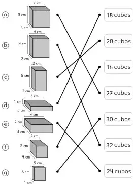 Diagrama de prismas con medidas y cubos unitarios para unir con líneas.