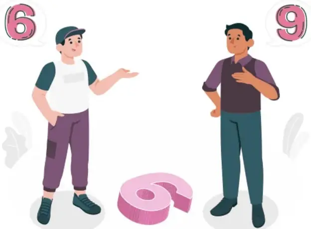 Ilustración de dos personas de pie conversando, cada una con una burbuja de pensamiento: una muestra el número 6 y la otra el número 9; entre ellas hay un signo de interrogación en el suelo, representando que la misma situación puede interpretarse de formas distintas según el punto de vista.