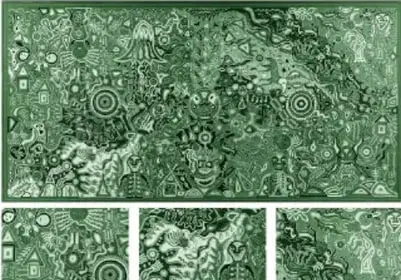 Reproducción de la obra 'La visión de Tatutsi Xuweri Timaiweme': cuadro de estambre saturado de figuras humanas, animales y símbolos estilizados entretejidos, con tres recortes ampliados debajo (rostros, venado y figuras simbólicas).