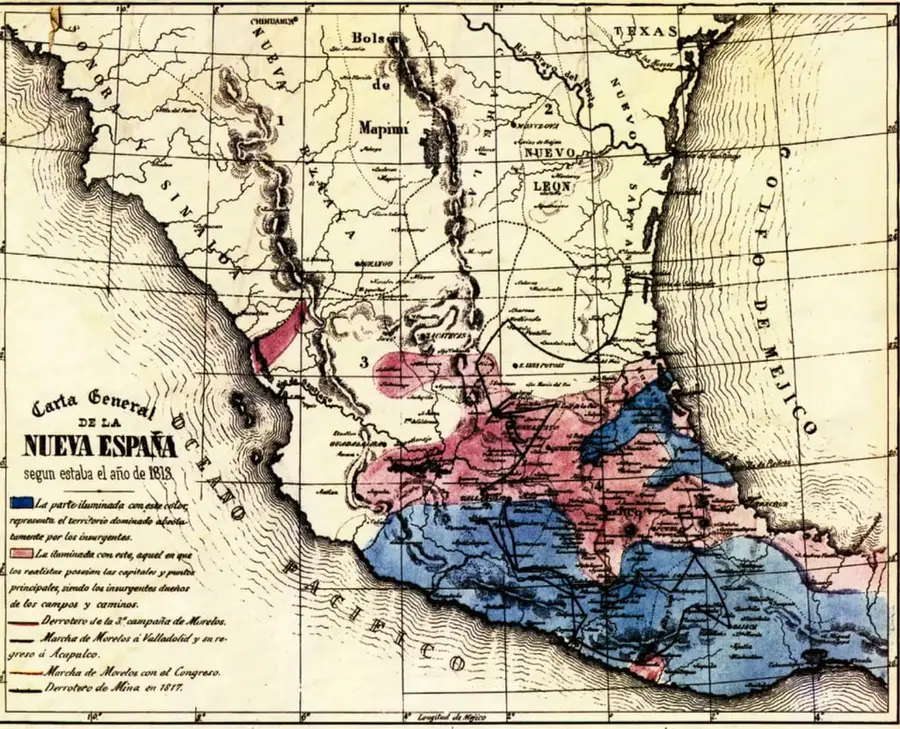 Mapa histórico 'Carta General de la Nueva España según estaba el año de 1813', con regiones coloreadas en azul (territorio insurgente) y rojo (territorio realista), mostrando rutas militares de Morelos y la derrota de Mina en 1817. Incluye leyenda con los significados de colores y líneas.