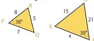 Dos triángulos rosados semejantes con medidas $2,25$, $3,78$, $2,1$ y $1,25$.