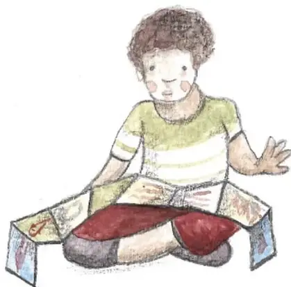Ilustración de un niño sentado con un libro acordeón abierto sobre sus piernas.