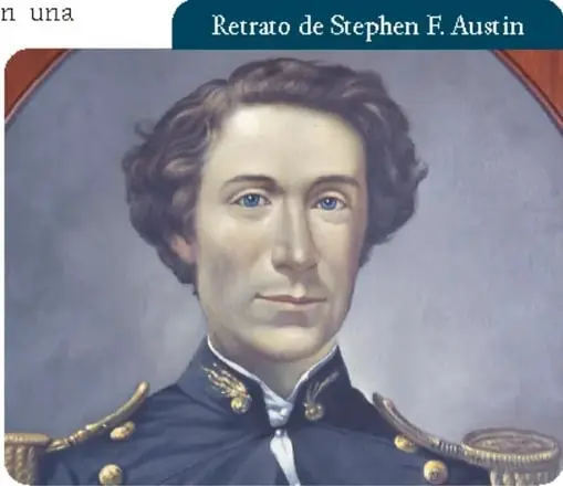 Retrato de Stephen F. Austin, hombre joven de cabello oscuro y uniforme militar azul con botones dorados.