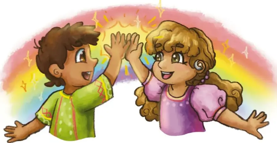 Ilustración de un niño de camiseta verde y una niña de vestido morado chocando las manos alegres entre un arcoíris y destellos; mismo crédito.