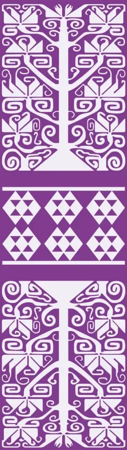 Patrón decorativo blanco sobre fondo morado con motivos geométricos y vegetales de estilo prehispánico.