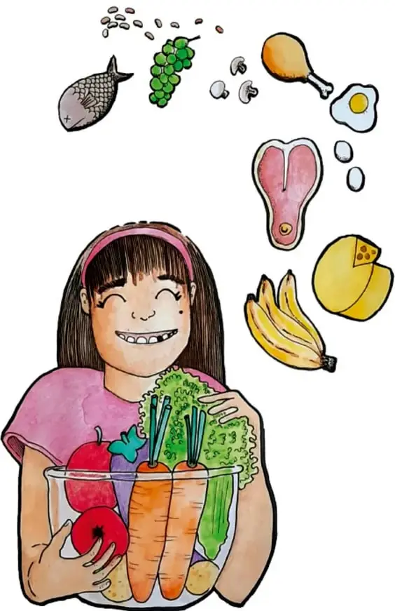 Ilustración de alimentos: pescado, uvas, hongos, pollo, huevo, carne, aceitunas, mango, plátanos, semillas.