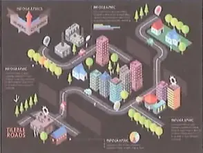 Maqueta o ilustración de un barrio con edificios, calles y áreas verdes construidos con formas geométricas.