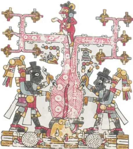 Ilustración de estilo códice mixteco con dos personajes de perfil sosteniendo una vasija y un árbol estilizado con cruces y elementos rituales.