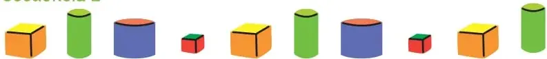 Secuencia 2: cubo amarillo, cilindro verde, cilindro azul, cubo rojo pequeño, repetidos y terminando en un cilindro verde.