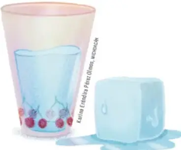 Ilustración de un vaso con agua y cubos de hielo flotando, con frutos rojos dentro del vaso.