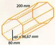 Prisma octagonal regular con lado 80 mm, apotema 96,67 mm y longitud 200 mm.