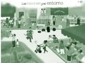 Ilustración en tonos verdes de una escena comunitaria (personas caminando en la calle de una colonia), correspondiente al recurso Las emociones y el entorno.