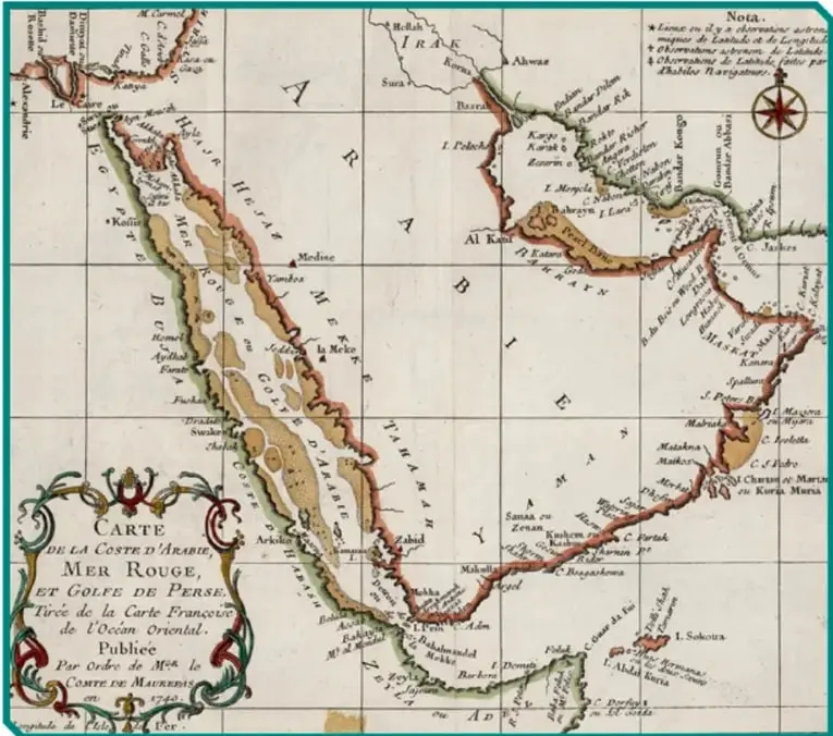 Mapa histórico de 1740 titulado 'Carte de la coste d'Arabie, Mer Rouge et Golfe de Perse'. Muestra la península arábiga, el mar Rojo, el golfo Pérsico y parte de Irak. Incluye una rosa de los vientos y una nota con observaciones astronómicas.