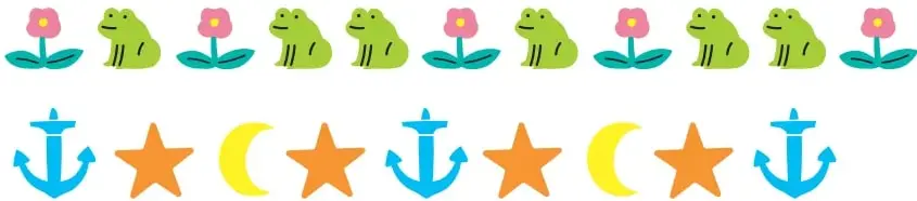 Dos secuencias de figuras para marcar el patrón: la primera alterna flores rosadas y ranas verdes; la segunda alterna un ancla azul, estrellas naranjas y una luna amarilla.