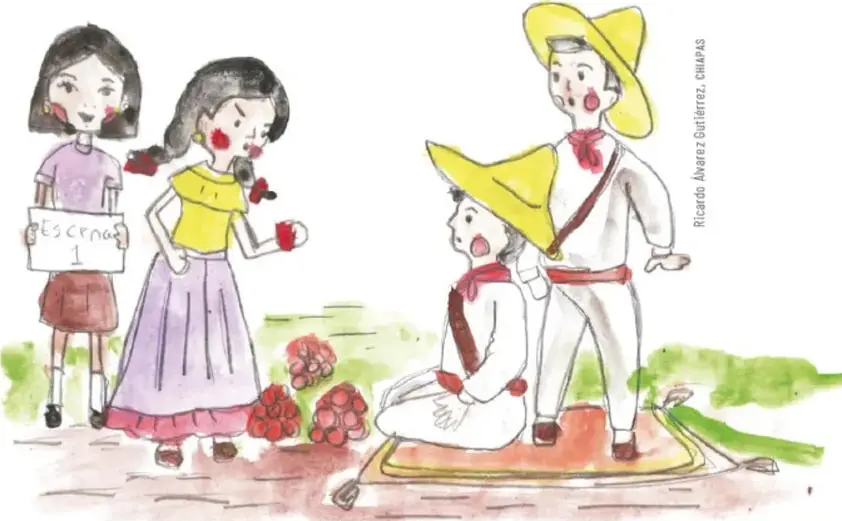 Ilustración a acuarela de cuatro niños ensayando una escena: una niña sostiene un cartel que dice "EScena 1", otra con vestido morado observa, y dos niños vestidos con trajes tradicionales de Chiapas (sombrero amarillo, camisa blanca y faja roja) actúan sobre un petate. Firma de Ricardo Álvarez Gutiérrez, Chiapas.