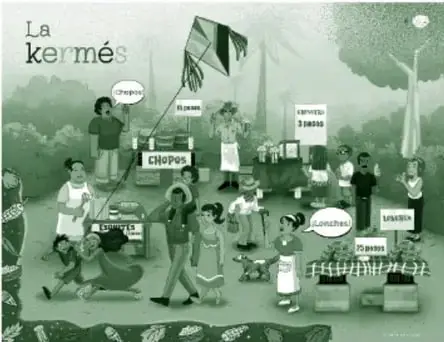 Miniatura de las páginas 10-11 del libro del alumno: kermés escolar con puestos de comida con carteles (chopos, chivitas, lonches, esquites), personas conversando con globos de texto, un papalote volando y árboles; título 'La kermés'.