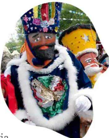 Fotografía de personas disfrazadas con trajes coloridos, sombreros y máscaras, representando la celebración o fiesta de la comunidad a la que se refiere el proyecto.