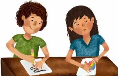 Ilustración de dos niñas sentadas a una mesa dibujando o escribiendo con lápices, créditos a Ana María Hernández Hernández, Ciudad de México.