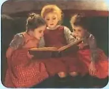 Reproducción de una obra en la que unas niñas observan con atención un cuento o una imagen.