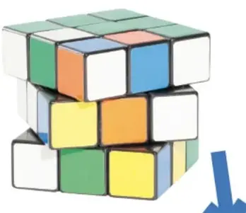Secuencia de tres cubos unidos por flechas azules: cubo mezclado girando capas, cubo en ángulo girando y cubo resuelto de color naranja, azul y blanco.