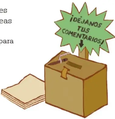 Ilustración de una caja de cartón con una ranura, usada como buzón, acompañada de hojas de papel y un globo de texto que dice «¡Déjanos tus comentarios!».
