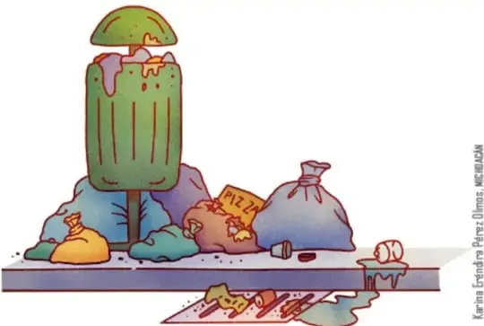Ilustración de un paisaje con bolsas de basura, residuos, un árbol y arbustos cerca de una cerca.