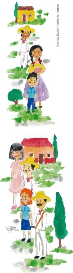 Ilustración de una familia con casa y árboles, estilo acuarela.