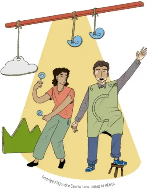 Ilustración de dos actores en un escenario: una mujer con un camiseta verde y un hombre con chaleco verde saliendo de entre cortinas, bajo focos de luz; alrededor hay utilería (nube, coronas, báculos). Ilustración de Rodrigo Alejandro García Lara, Ciudad de México.