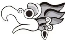 Ilustración estilizada de una cabeza de serpiente emplumada o dragón prehispánico, símbolo cultural.