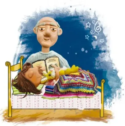 Ilustración de un adulto leyendo un cuento a una niña dormida en una cama, representando los cuidados y el cobijo que se brinda a los más pequeños.