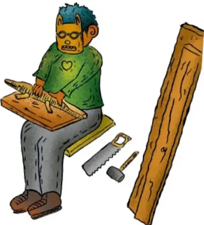 Ilustración de un artesano tallando una pieza de madera con herramientas (serrucho, martillo) y una tabla; crédito: Luis Fernando Sotelo Gaspar, Querétaro.