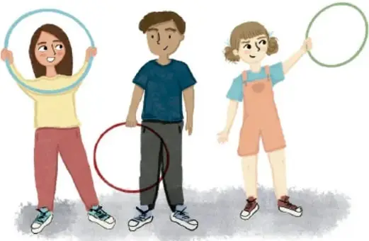 Ilustración de tres estudiantes con aros de colores.