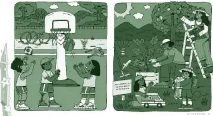 Miniatura del recurso 'Mis juguetes y artefactos': dos paneles en tonos verdes; el izquierdo muestra niños jugando básquetbol y con carritos, el derecho muestra personas trabajando en un huerto con escalera, carretilla y otros utensilios.