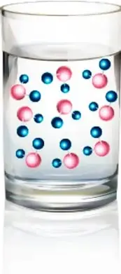 Vaso de precipitados con agua que muestra moléculas representadas como esferas azules (oxígeno) y rosas (hidrógeno) dispersas en el líquido.
