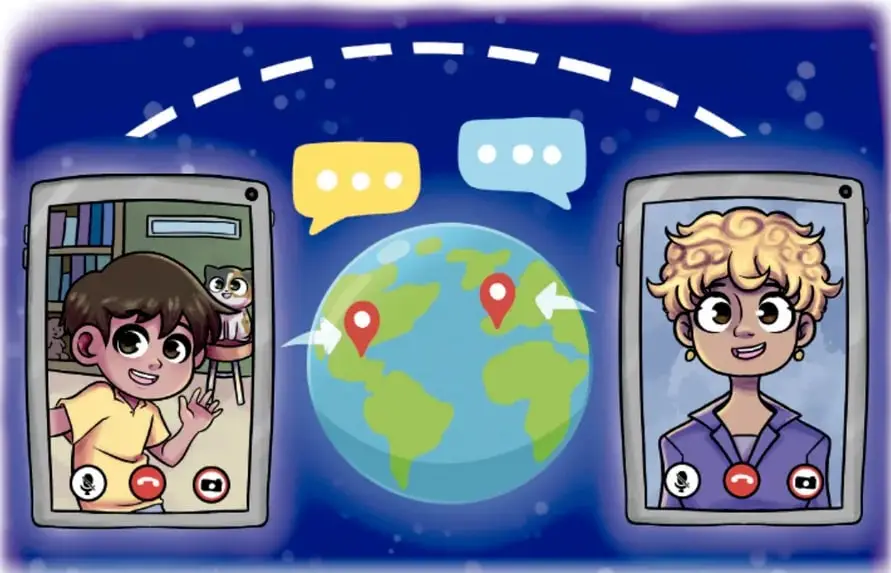 Ilustración de dos pantallas con personas en una videollamada a través del mundo, con globos de diálogo sobre un mapa del planeta.