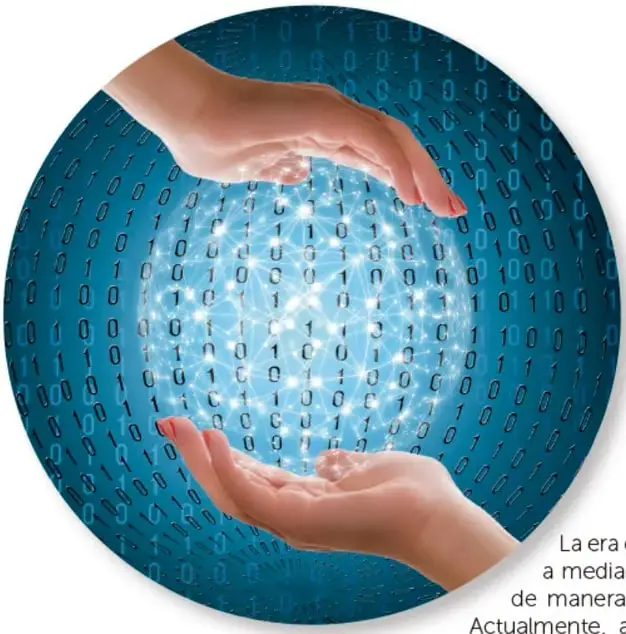 Ilustración de dos manos sosteniendo un globo digital formado por ceros y unos, símbolo de la información cifrada en la red.