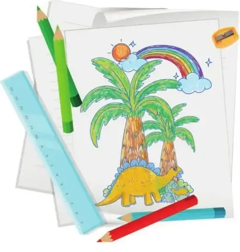 Hoja con ilustración de palmeras, sol, arcoíris y un dinosaurio, rodeada de lápices de colores, regla y sacapuntas.